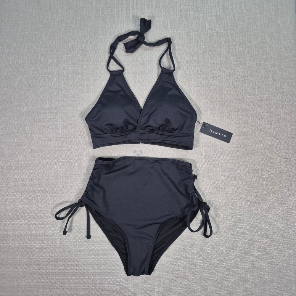 Tempt Me Womens High Waisted Bikini Set Black Tummy Control Swimsuit NEW XS
